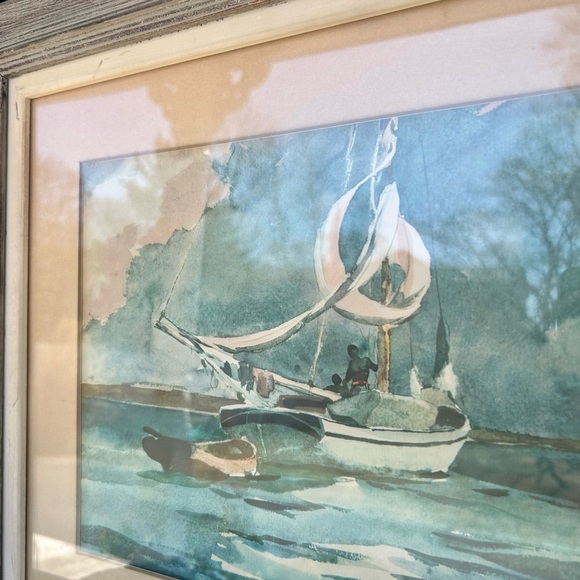 Framed Original Watercolor Painting of a Sailboat in a Gray Frame - Picture 5 of 6